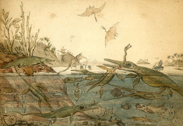 Duria Antiquior famous watercolor by the geologist Henry de la Beche based on fossils found by Mary Anning. From Wikimedia Commons.