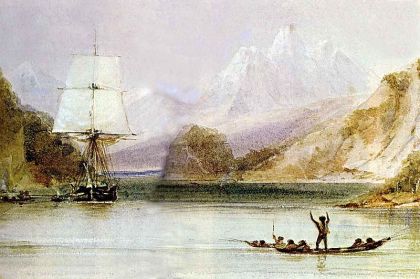 HMS Beagle in the seaways of Tierra del Fuego, painting by Conrad Martens during the voyage of the Beagle. From Wikimedia Commons.