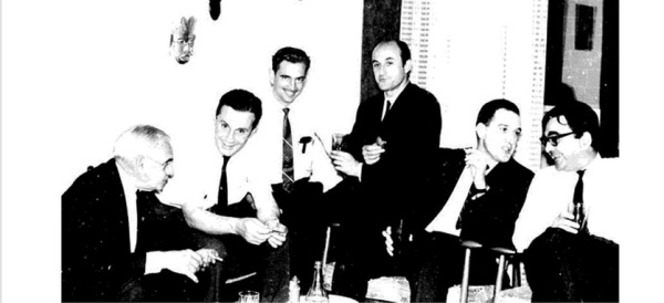 A meeting of vertebrate paleontologists (1968). From left to right: Romer, Bonaparte, W. Sill, R. Casamiquela, R. Pascual and O. Reig. (From F. Novas, 2009)