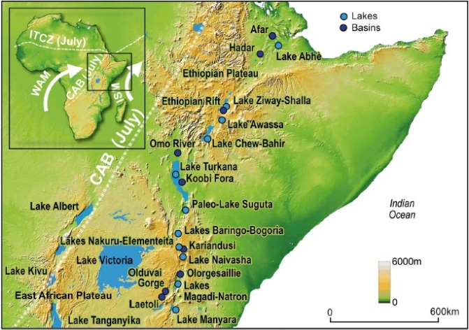 Map of East Africa with modern lake and paleolake basins (from Maslin et al., 2014)