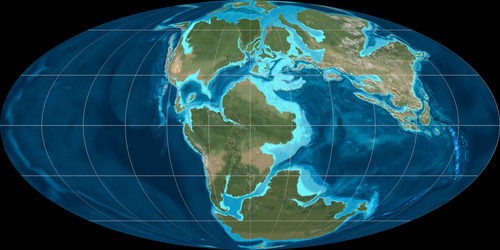 Global paleogeographic reconstruction of the Earth in the late Jurassic period 150 Ma. From Wikimedia Commons