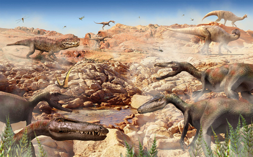 A reconstructed scene from the Late Triassic (Norian) of central Pangea. (Credit: image from Brusatte, S. L. 2008)
