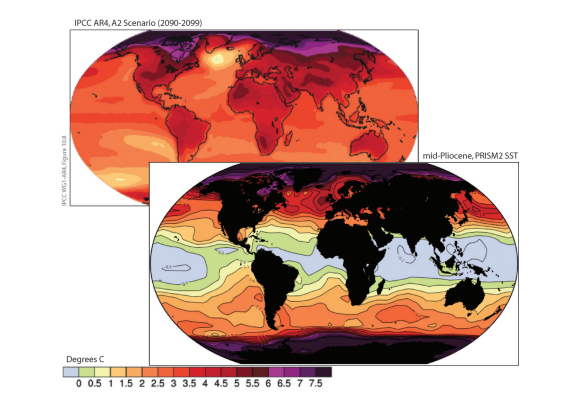 Surface air temperature anomalies of (top) the late 21st century and (bottom) the mid-Pliocene (from Robinson et al., 2012)
