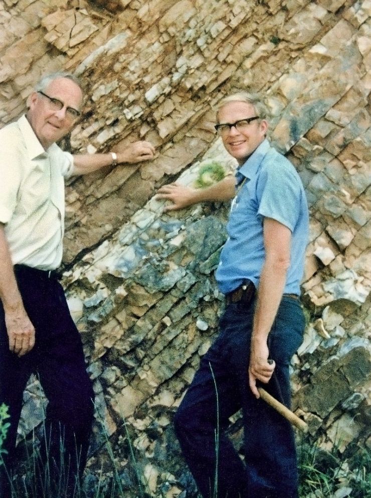 Luis and Walter Alvarez at the K-T Boundary in Gubbio, Italy, 1981 (From Wikimedia Commons)